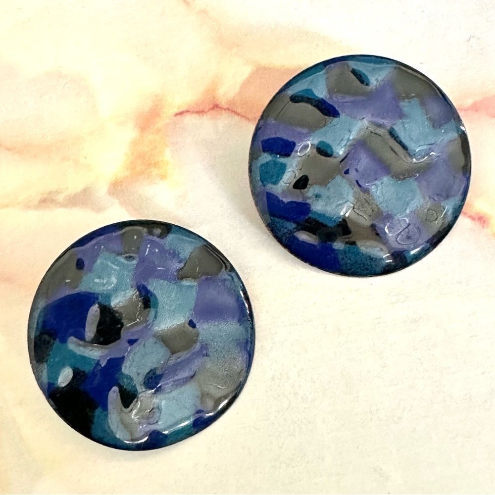 Large blue circle painted post earrings